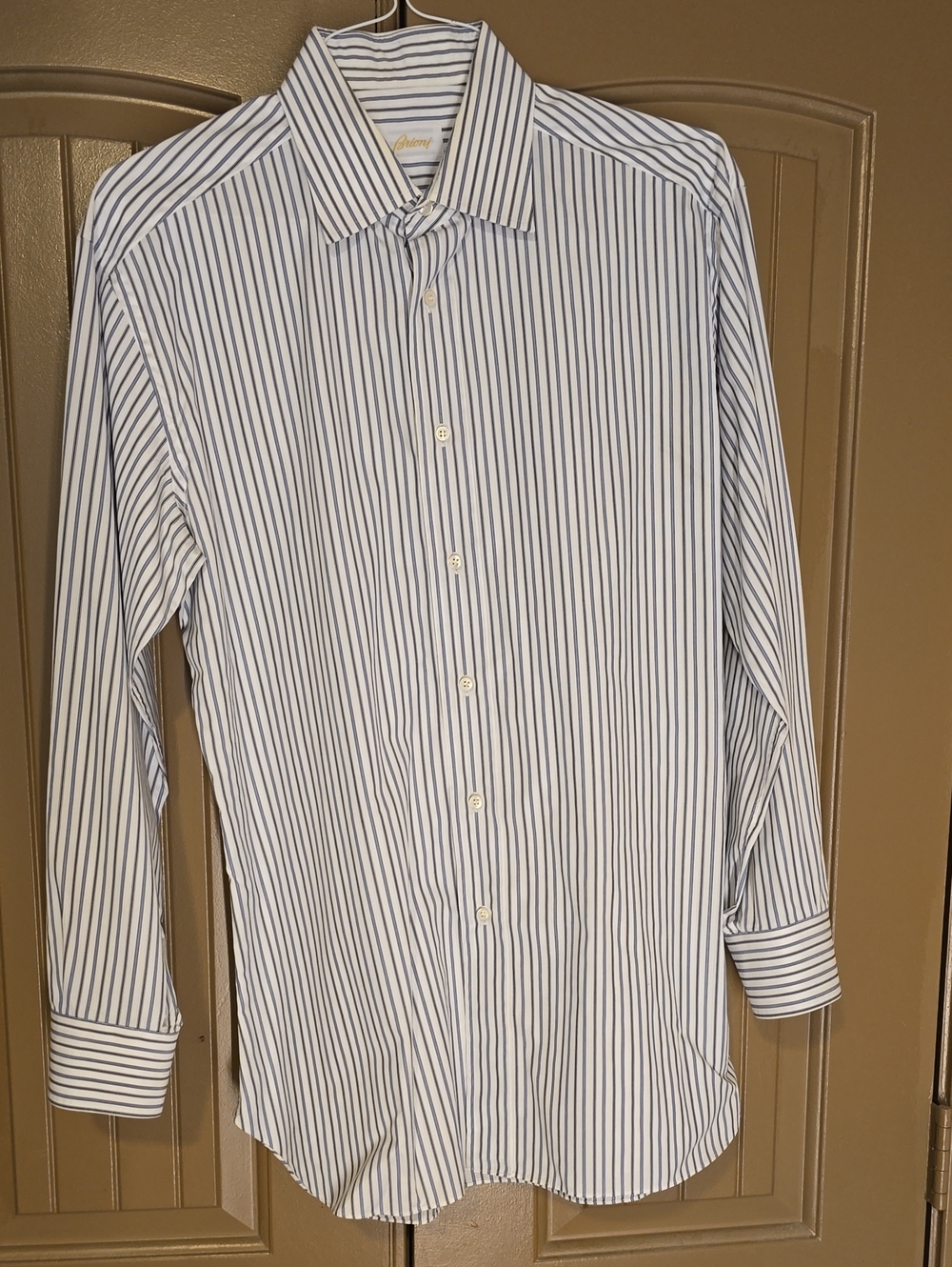 Classic Brioni Men's White Shirt with Navy Stripe R/16.5 -